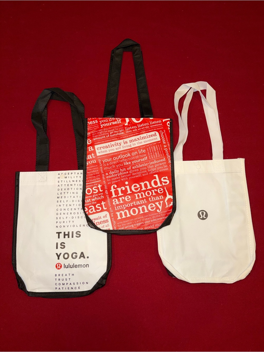 Lululemon 3 Small Reusable Shopping Tote Bags Black White Red